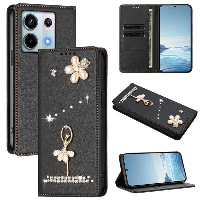 Funda para teléfono de piel vegana con protección RFID y diamantes de imitación de la bailarina de ballet, For Redmi 14C 4G / 14R 5G / A3 Pro, For Redmi Note 14 4G 164.84mm, For Redmi Note 14 Pro 5G Global / 14 Pro+ 5G                                  ...