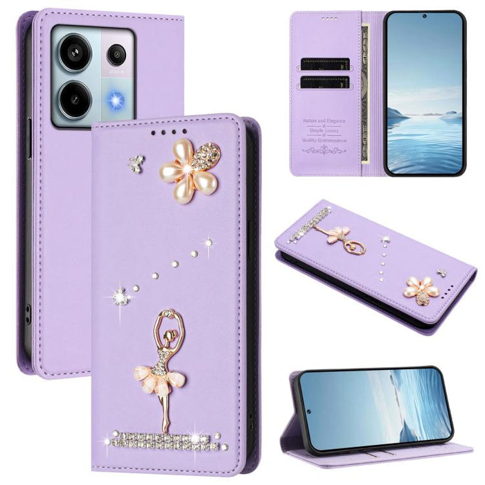 Funda para teléfono de piel vegana con protección RFID y diamantes de imitación de la bailarina de ballet, For Redmi 14C 4G / 14R 5G / A3 Pro, For Redmi Note 14 4G 164.84mm, For Redmi Note 14 Pro 5G Global / 14 Pro+ 5G                                  ...