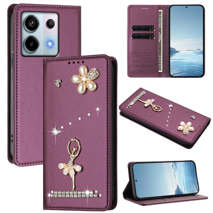 Funda para teléfono de piel vegana con protección RFID y diamantes de imitación de la bailarina de ballet, For Redmi 14C 4G / 14R 5G / A3 Pro, For Redmi Note 14 4G 164.84mm, For Redmi Note 14 Pro 5G Global / 14 Pro+ 5G                                  ...
