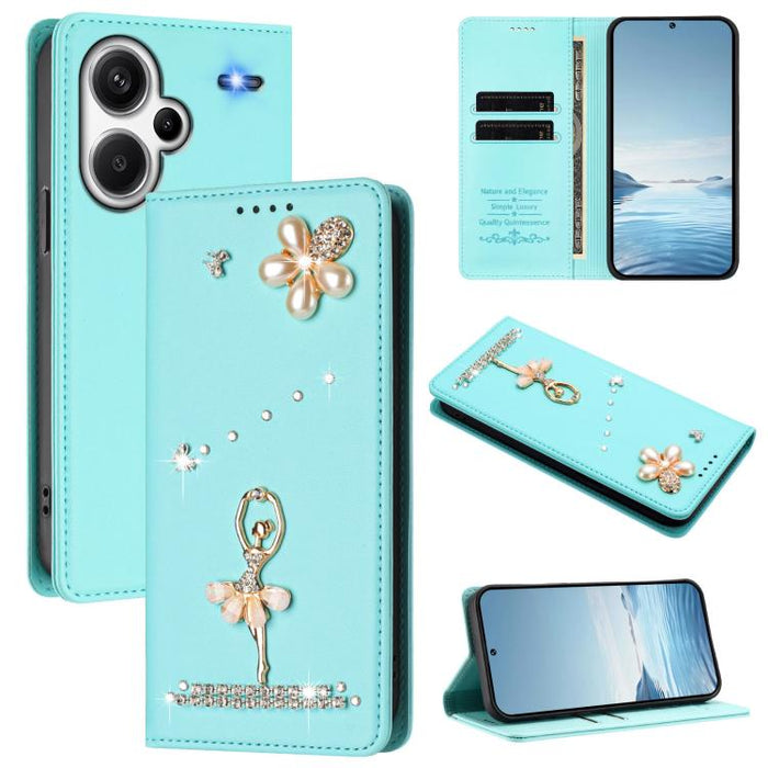 Funda para teléfono de piel vegana con protección RFID y diamantes de imitación de la bailarina de ballet, For Redmi 14C 4G / 14R 5G / A3 Pro, For Redmi Note 14 4G 164.84mm, For Redmi Note 14 Pro 5G Global / 14 Pro+ 5G                                  ...