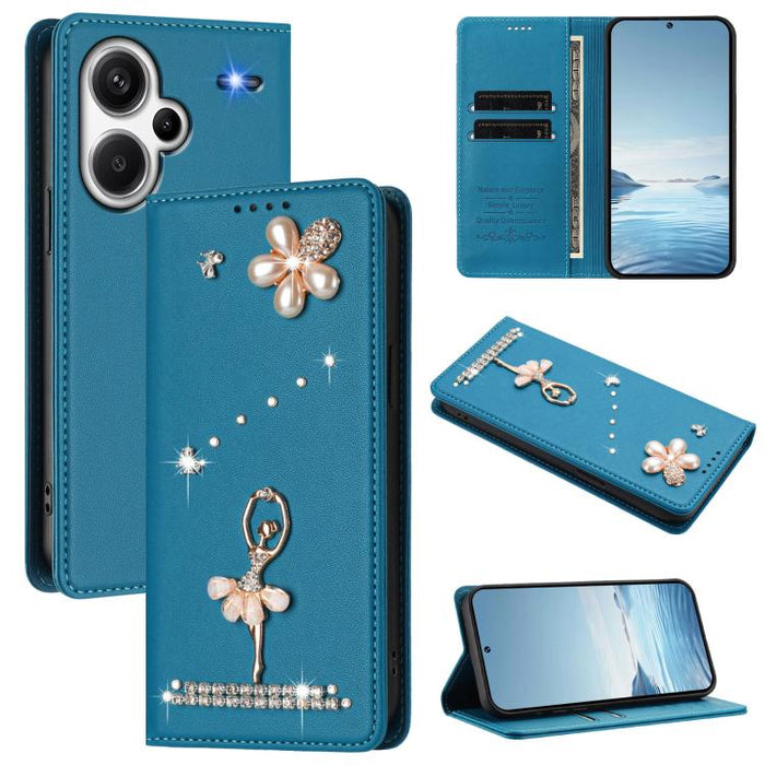 Funda para teléfono de piel vegana con protección RFID y diamantes de imitación de la bailarina de ballet, For Redmi 14C 4G / 14R 5G / A3 Pro, For Redmi Note 14 4G 164.84mm, For Redmi Note 14 Pro 5G Global / 14 Pro+ 5G                                  ...