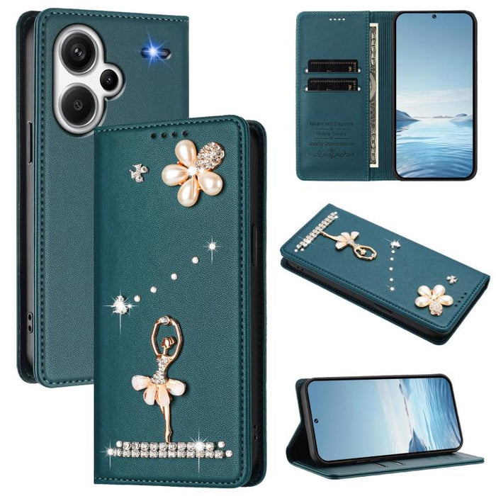 Funda para teléfono de piel vegana con protección RFID y diamantes de imitación de la bailarina de ballet, For Redmi 14C 4G / 14R 5G / A3 Pro, For Redmi Note 14 4G 164.84mm, For Redmi Note 14 Pro 5G Global / 14 Pro+ 5G                                  ...