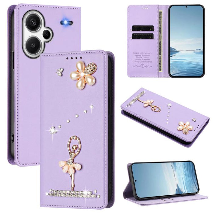 Funda para teléfono de piel vegana con protección RFID y diamantes de imitación de la bailarina de ballet, For Redmi 14C 4G / 14R 5G / A3 Pro, For Redmi Note 14 4G 164.84mm, For Redmi Note 14 Pro 5G Global / 14 Pro+ 5G                                  ...