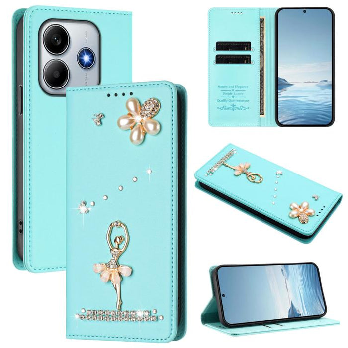 Funda para teléfono de piel vegana con protección RFID y diamantes de imitación de la bailarina de ballet, For Redmi 14C 4G / 14R 5G / A3 Pro, For Redmi Note 14 4G 164.84mm, For Redmi Note 14 Pro 5G Global / 14 Pro+ 5G                                  ...
