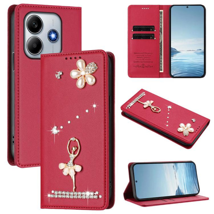 Funda para teléfono de piel vegana con protección RFID y diamantes de imitación de la bailarina de ballet, For Redmi 14C 4G / 14R 5G / A3 Pro, For Redmi Note 14 4G 164.84mm, For Redmi Note 14 Pro 5G Global / 14 Pro+ 5G                                  ...