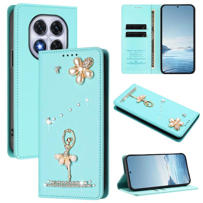 Funda para teléfono de piel vegana con protección RFID y diamantes de imitación de la bailarina de ballet, For Redmi 14C 4G / 14R 5G / A3 Pro, For Redmi Note 14 4G 164.84mm, For Redmi Note 14 Pro 5G Global / 14 Pro+ 5G                                  ...