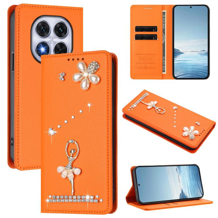Funda para teléfono de piel vegana con protección RFID y diamantes de imitación de la bailarina de ballet, For Redmi 14C 4G / 14R 5G / A3 Pro, For Redmi Note 14 4G 164.84mm, For Redmi Note 14 Pro 5G Global / 14 Pro+ 5G                                  ...