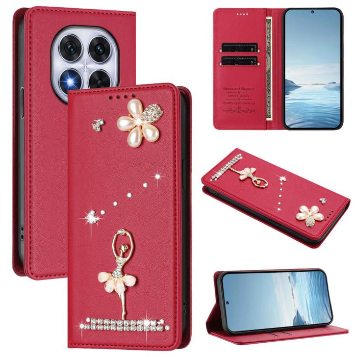 Funda para teléfono de piel vegana con protección RFID y diamantes de imitación de la bailarina de ballet, For Redmi 14C 4G / 14R 5G / A3 Pro, For Redmi Note 14 4G 164.84mm, For Redmi Note 14 Pro 5G Global / 14 Pro+ 5G                                  ...