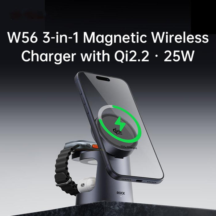 Cargador inalámbrico magnético 3 en 1 ROCK W56 con Qi2.2 de 25 W, W56