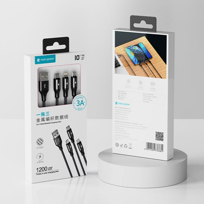 Cable de carga trenzado metálico ROCK RCB0790 de 1,2 m, 3 en 1, USB a 8 pines + Tipo-C + Micro USB., RCB0790