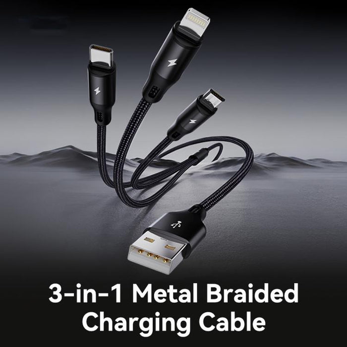 Cable de carga trenzado metálico ROCK RCB0790 de 1,2 m, 3 en 1, USB a 8 pines + Tipo-C + Micro USB., RCB0790