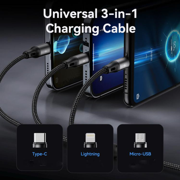 Cable de carga trenzado metálico ROCK RCB0790 de 1,2 m, 3 en 1, USB a 8 pines + Tipo-C + Micro USB., RCB0790