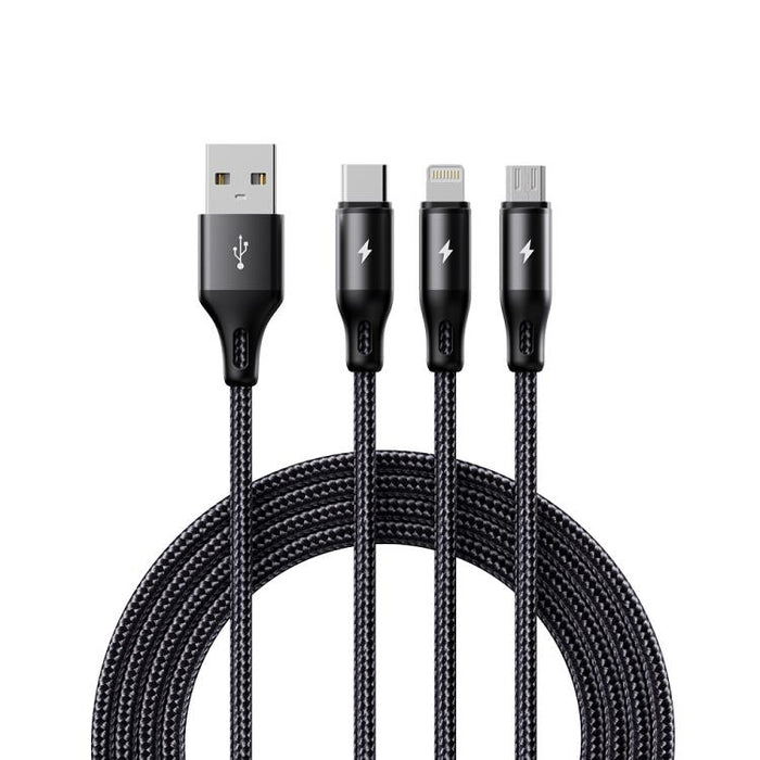 Cable de carga trenzado metálico ROCK RCB0790 de 1,2 m, 3 en 1, USB a 8 pines + Tipo-C + Micro USB., RCB0790