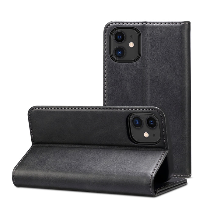 Estuche de cuero con tapa horizontal y textura de becerro con soporte, ranuras para tarjetas y billetera