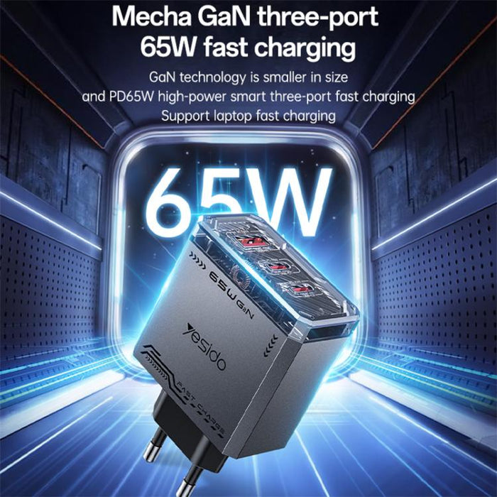 Cargador rápido de tres puertos Yesido YC101 de 65 W con tecnología Mecha GaN, YC101