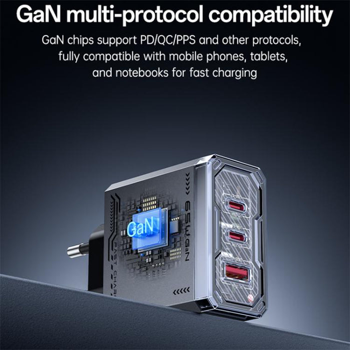 Cargador rápido de tres puertos Yesido YC101 de 65 W con tecnología Mecha GaN, YC101