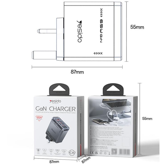 Cargador rápido de tres puertos Yesido YC147 de 65 W con tecnología Mecha GaN, YC147