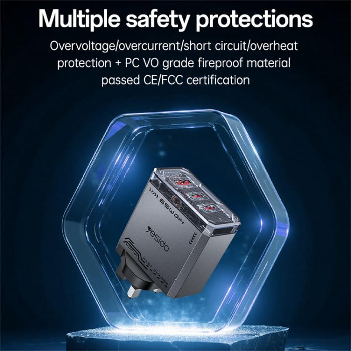 Cargador rápido de tres puertos Yesido YC147 de 65 W con tecnología Mecha GaN, YC147