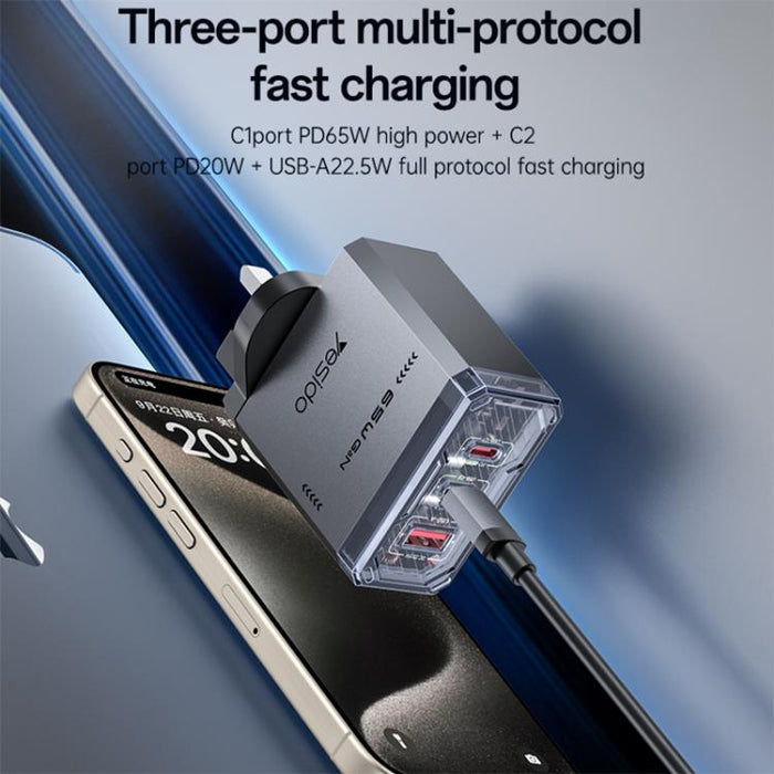 Cargador rápido de tres puertos Yesido YC147 de 65 W con tecnología Mecha GaN, YC147