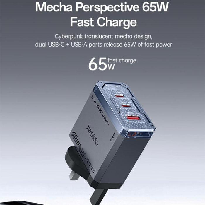 Cargador rápido de tres puertos Yesido YC147 de 65 W con tecnología Mecha GaN, YC147