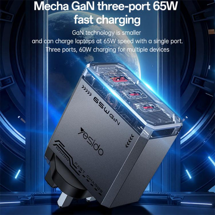 Cargador rápido de tres puertos Yesido YC147 de 65 W con tecnología Mecha GaN, YC147