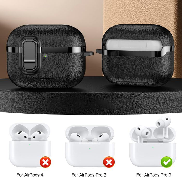Soporte oculto. Funda protectora para auriculares inalámbricos con textura de cuero vegano galvanizado., For AirPods Pro 3, For AirPods Pro 2, For AirPods Pro
