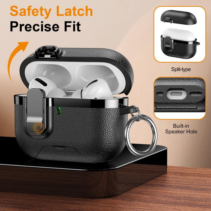 Soporte oculto. Funda protectora para auriculares inalámbricos con textura de cuero vegano galvanizado., For AirPods Pro 3, For AirPods Pro 2, For AirPods Pro