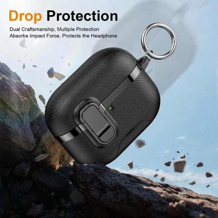 Soporte oculto. Funda protectora para auriculares inalámbricos con textura de cuero vegano galvanizado., For AirPods Pro 3, For AirPods Pro 2, For AirPods Pro