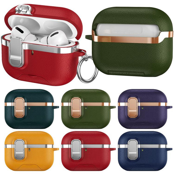 Soporte oculto. Funda protectora para auriculares inalámbricos con textura de cuero vegano galvanizado., For AirPods Pro 3, For AirPods Pro 2, For AirPods Pro