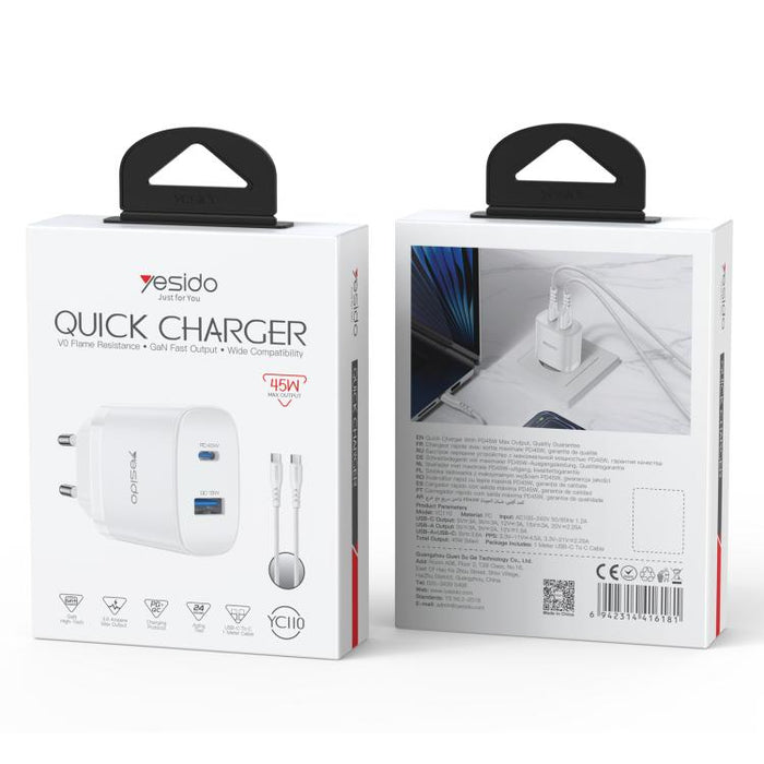 Cargador rápido Yesido PD45W con interfaz dual USB y Tipo-C, EU Plug, UK Plug, US Plug
