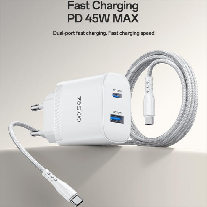 Cargador rápido Yesido PD45W con interfaz dual USB y Tipo-C, EU Plug, UK Plug, US Plug