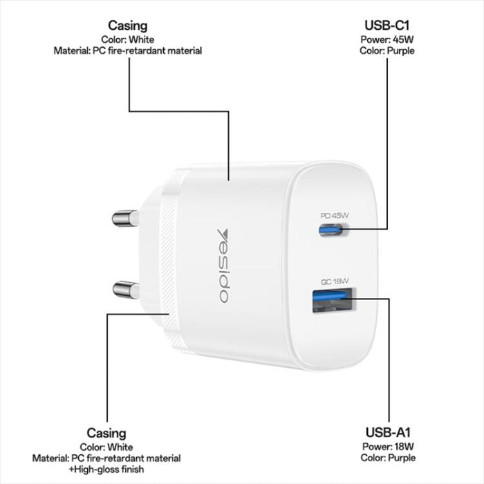 Cargador rápido Yesido PD45W con interfaz dual USB y Tipo-C, EU Plug, UK Plug, US Plug