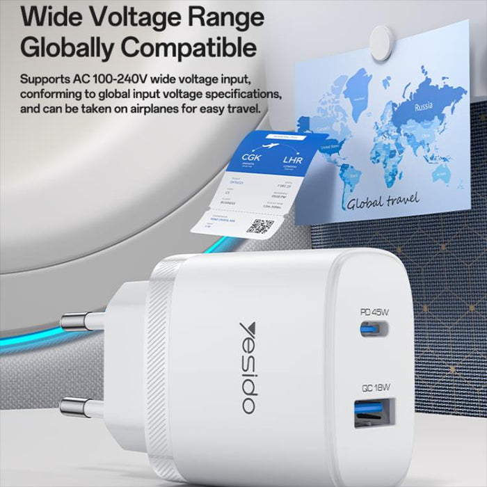 Cargador rápido Yesido PD45W con interfaz dual USB y Tipo-C, EU Plug, UK Plug, US Plug