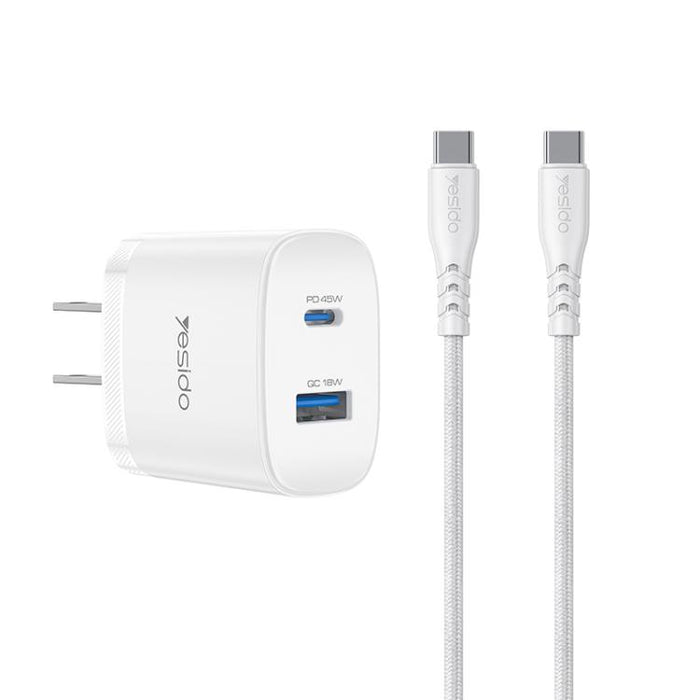 Cargador rápido Yesido PD45W con interfaz dual USB y Tipo-C, EU Plug, UK Plug, US Plug