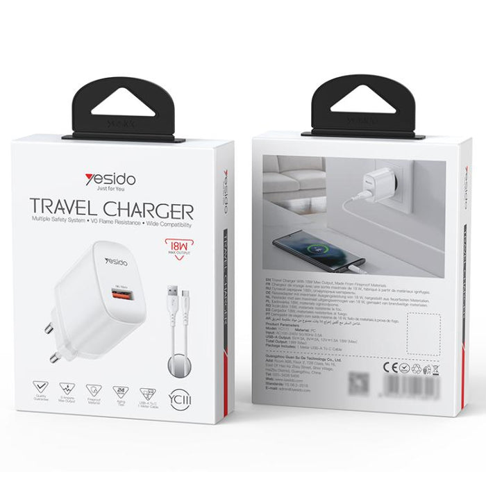 Cargador Yesido de 18 W con interfaz USB única y cable USB a tipo C., EU Plug, UK Plug, US Plug