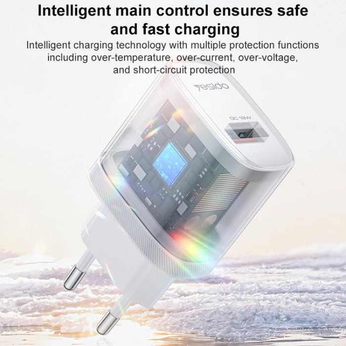 Cargador Yesido de 18 W con interfaz USB única y cable USB a tipo C., EU Plug, UK Plug, US Plug