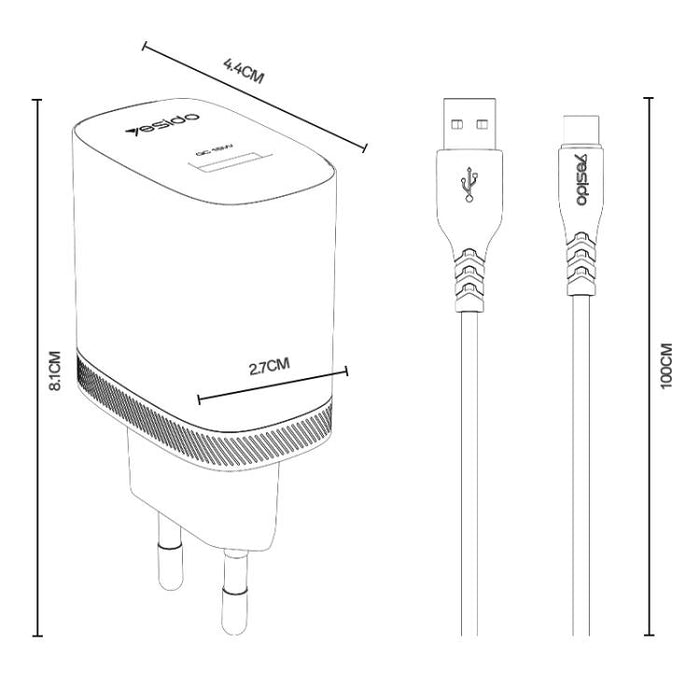 Cargador Yesido de 18 W con interfaz USB única y cable USB a tipo C., EU Plug, UK Plug, US Plug