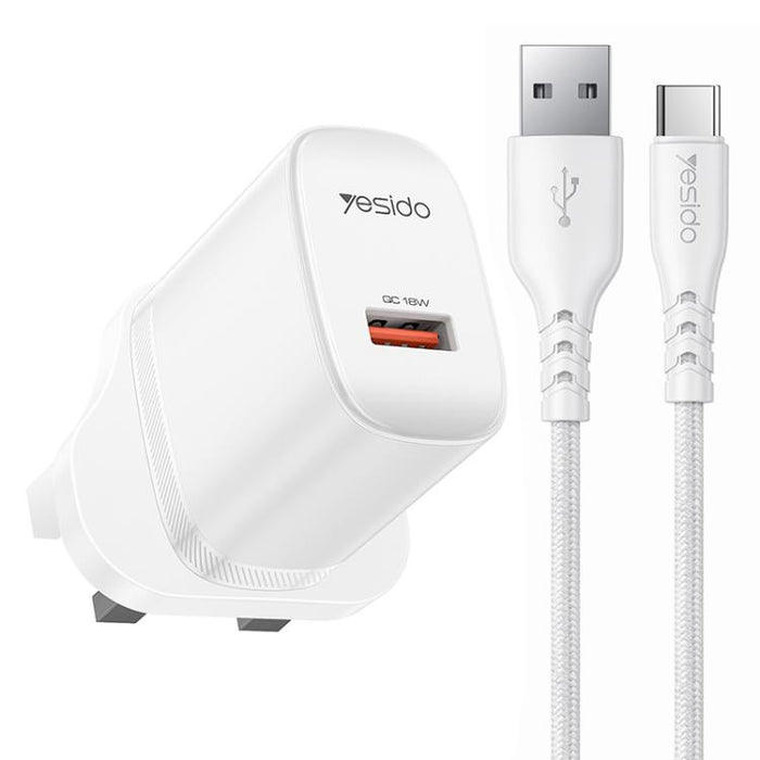 Cargador Yesido de 18 W con interfaz USB única y cable USB a tipo C., EU Plug, UK Plug, US Plug