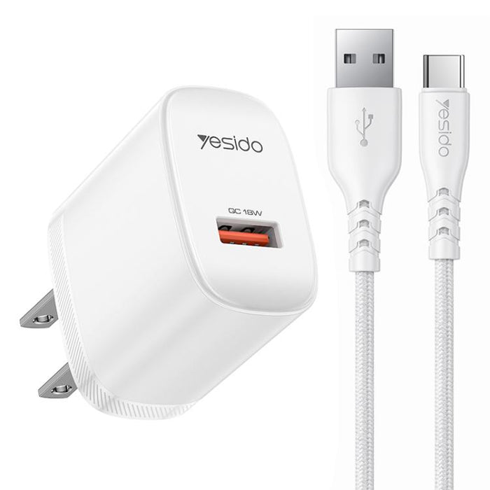 Cargador Yesido de 18 W con interfaz USB única y cable USB a tipo C., EU Plug, UK Plug, US Plug