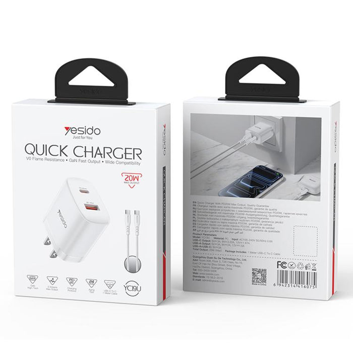 Conjunto de cargador Yesido YC19U PD20W USB-C/Tipo-C y QC18W USB-A con doble puerto y cable Tipo-C a Tipo-C., YC19U