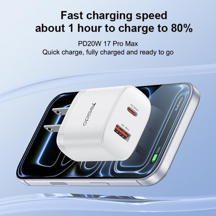 Conjunto de cargador Yesido YC19U PD20W USB-C/Tipo-C y QC18W USB-A con doble puerto y cable Tipo-C a Tipo-C., YC19U
