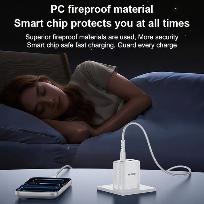 Conjunto de cargador Yesido YC19U PD20W USB-C/Tipo-C y QC18W USB-A con doble puerto y cable Tipo-C a Tipo-C., YC19U