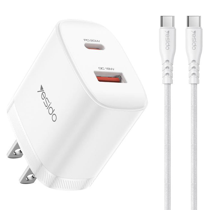 Conjunto de cargador Yesido YC19U PD20W USB-C/Tipo-C y QC18W USB-A con doble puerto y cable Tipo-C a Tipo-C., YC19U