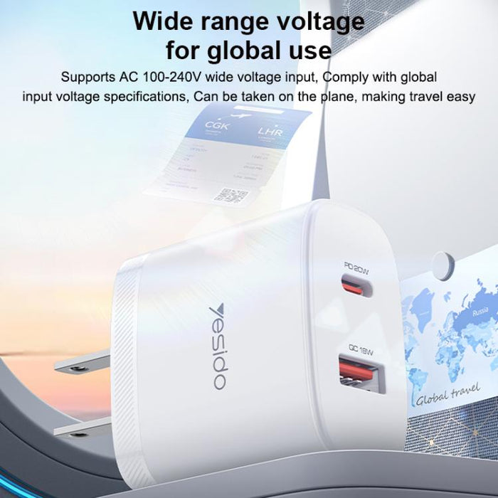 Conjunto de cargador Yesido YC19U PD20W USB-C/Tipo-C y QC18W USB-A con doble puerto y cable Tipo-C a Tipo-C., YC19U