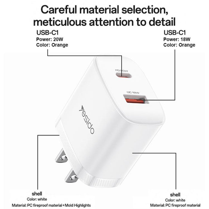 Conjunto de cargador Yesido YC19U PD20W USB-C/Tipo-C y QC18W USB-A con doble puerto y cable Tipo-C a Tipo-C., YC19U