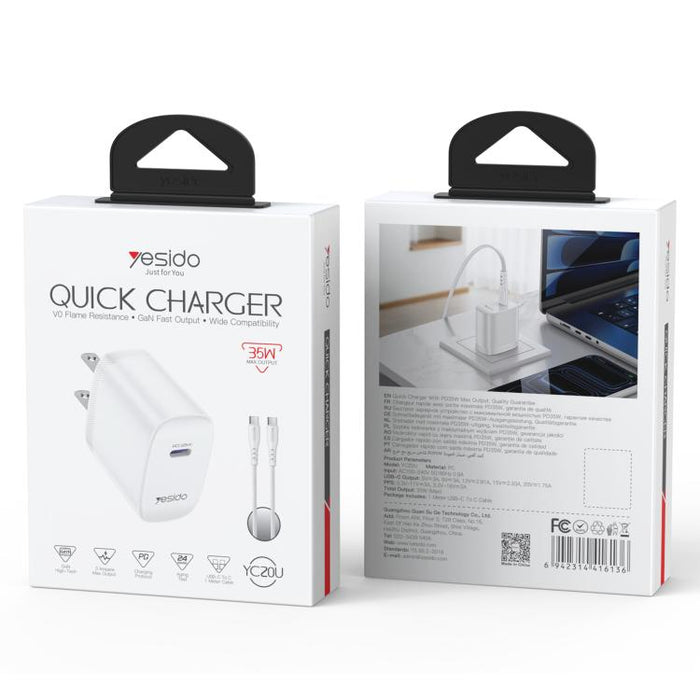 Yesido YC20U PD35W Cargador rápido de un solo puerto USB-C/Tipo-C con cable Tipo-C a Tipo-C, YC20U