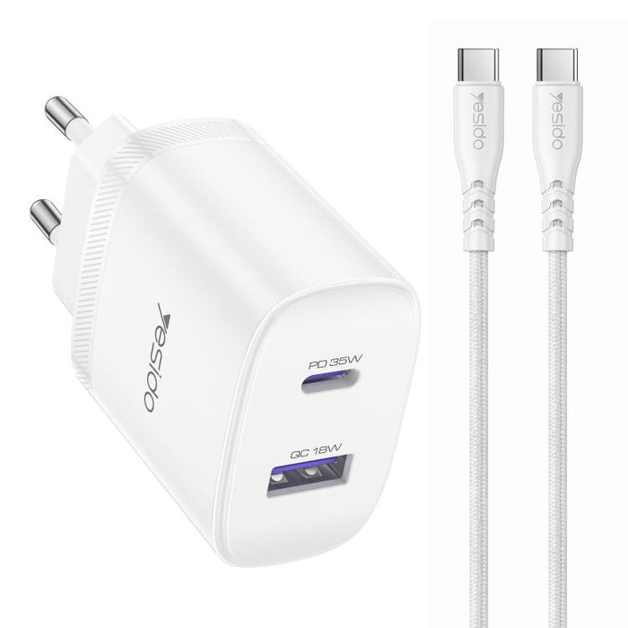Yesido PD35W, kit de cargador rápido USB tipo C con cable tipo C a tipo C., US Plug, EU Plug, UK Plug
