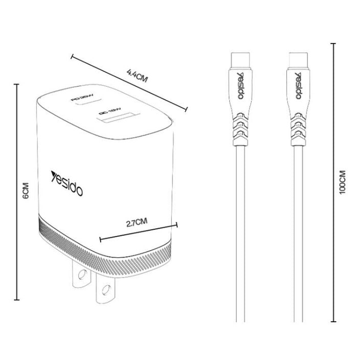 Yesido PD35W, kit de cargador rápido USB tipo C con cable tipo C a tipo C., US Plug, EU Plug, UK Plug
