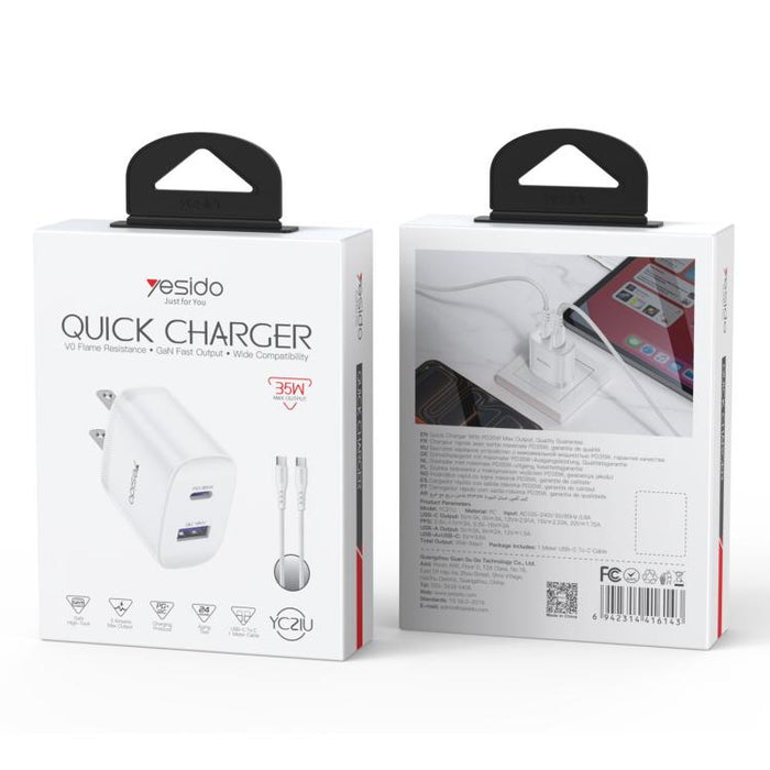 Yesido PD35W, kit de cargador rápido USB tipo C con cable tipo C a tipo C., US Plug, EU Plug, UK Plug