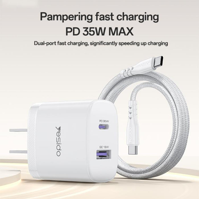 Yesido PD35W, kit de cargador rápido USB tipo C con cable tipo C a tipo C., US Plug, EU Plug, UK Plug